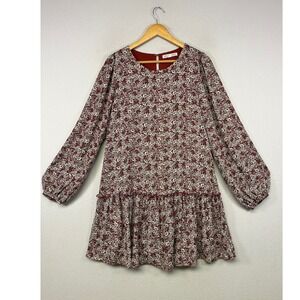 Cottagecore Lola Grace Women Large Burgundy Floral Ruffle Hem Long Sleeve Dress